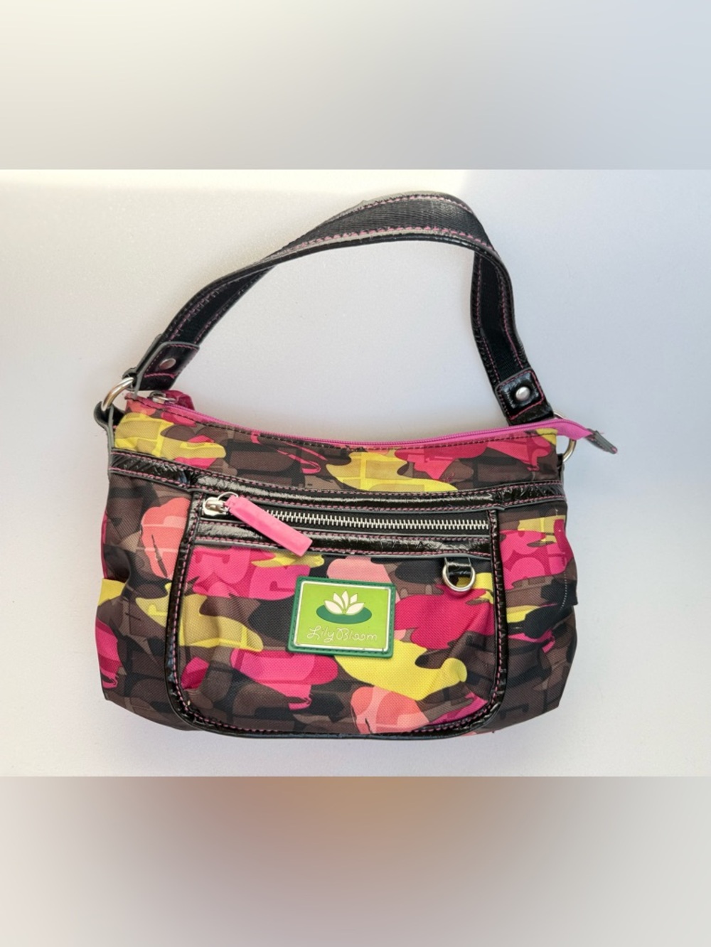 Lily Bloom Multicolor Pink Brown Yellow Abstract Camo Shoulder Bag Small Purse